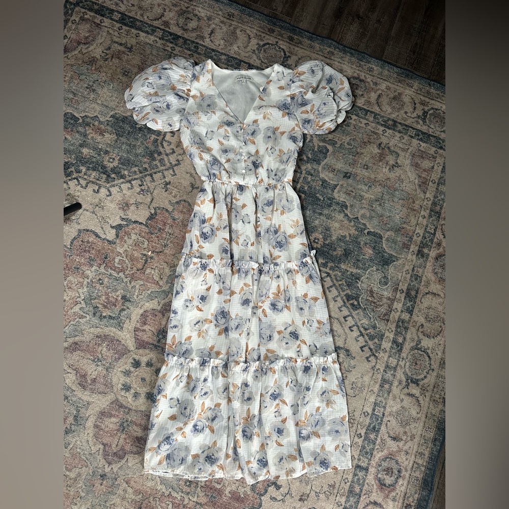 Moon River Floral Puff Sleeve Dress - White and Blue